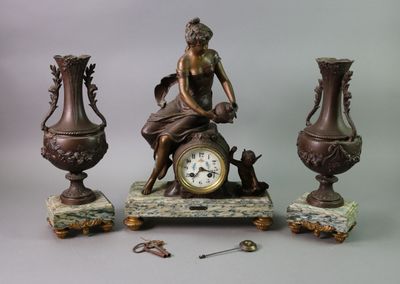 a statue of a woman sitting on top of a table next to three vases