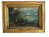 an oil painting of a wooded landscape with a man and a dog