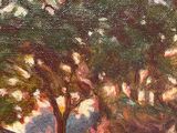 an oil painting of a tree in the middle of a field