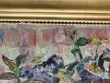 a painting of flowers in a vase on a table