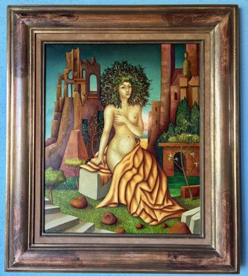 a painting of a woman in a yellow dress sitting on a ledge