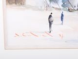 a painting of two people walking in the snow