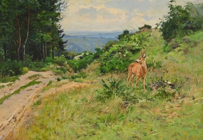 un tableau représentant un cerf debout sur une colline