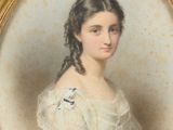 portrait of a woman in a white dress with braids in a gold frame