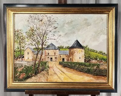 an oil painting of a road leading to a castle on a easel