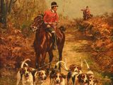 an image of a painting of a man on a horse with a pack of hounds
