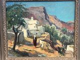 une peinture à l'huile représentant une scène de village avec une montagne en arrière-plan