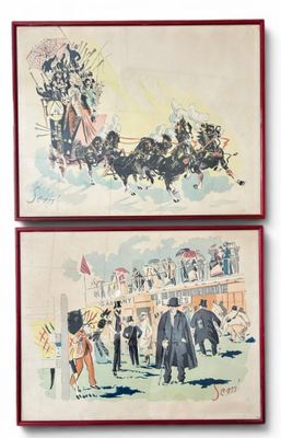 two paintings of a horse drawn carriage and a man riding a horse drawn carriage