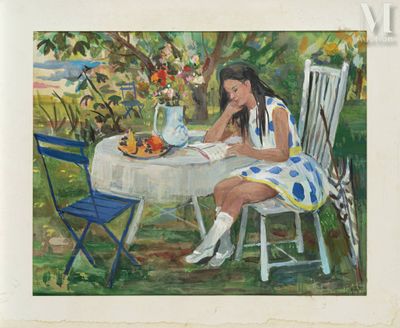 a painting of a woman sitting at a table with a bowl of fruit