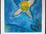 a painting of a bird flying over a blue sky with the words muse national message biblique marc cha