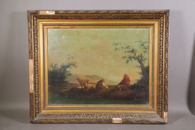 une peinture à l'huile représentant un homme avec un chien et des moutons dans un paysage
