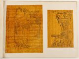 an open book with a drawing of a building and a drawing of a tree
