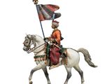 statue représentant un homme à cheval, sur lequel est hissé un drapeau