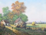 une peinture à l'huile représentant une scène de campagne avec quelques maisons au premier plan