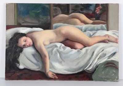 un tableau représentant deux femmes nues allongées sur un lit