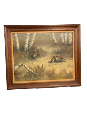 painting of deer in a field with birch trees in the background