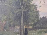 painting of a woman in a black dress standing by a tree
