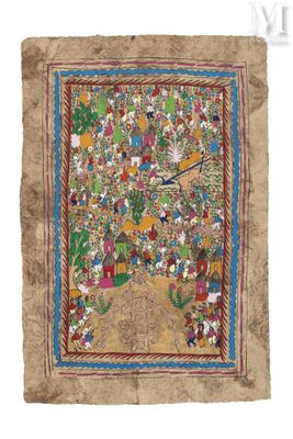 un vieux tableau représentant un arbre orné d'oiseaux et de fleurs