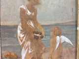 painting of a woman and a child on a beach with a kite