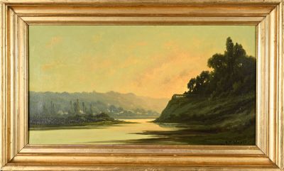 R.T STUART (XIXe siècle) Cours d'eau au couchant Huile sur t…