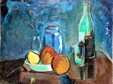 une peinture représentant une peinture d'une table sur laquelle sont posés des pommes et une bouteille
