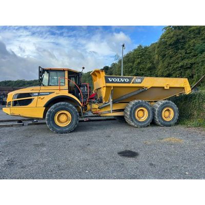a large yellow dump truck parked in a parking lot