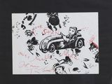 un dessin en noir et blanc représentant un homme au volant d'une voiture
