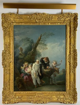 a painting of a family with a child and a dog in a landscape