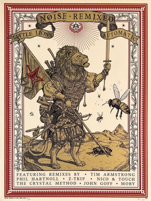 a poster with a lion holding a sword and a bee on it