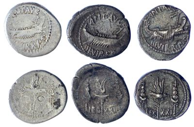 six ancient roman coins from the time of the roman empire