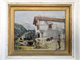 an old painting of a man and two cows in front of a building