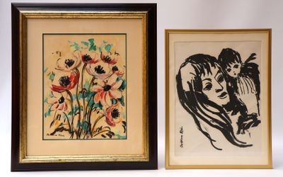 two framed pictures of a woman and a man with flowers