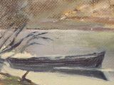 a painting of a boat on the water by the shore