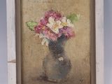 painting of a vase with flowers in it on a beige background
