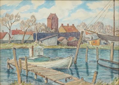 une aquarelle représentant un bateau amarré à un quai