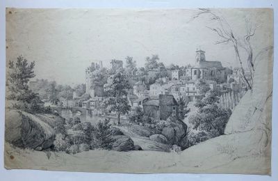 un vieux dessin représentant un village au milieu d'une forêt
