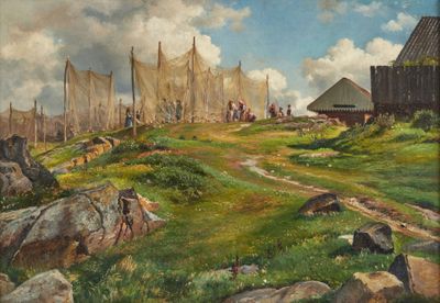 un tableau représentant un paysage avec un bateau et une maison