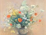 une peinture de fleurs dans un vase sur une table