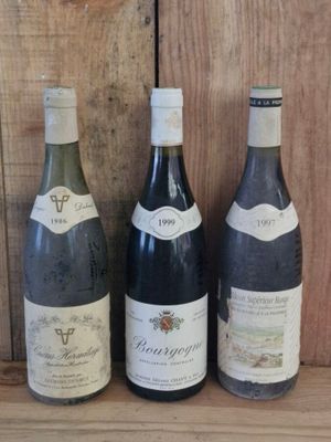 three bottles of wine are lined up on a wooden shelf
