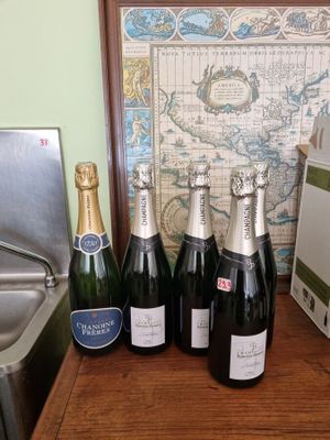 Plusieurs bouteilles de champagne sont alignées sur une table, à côté d'une carte
