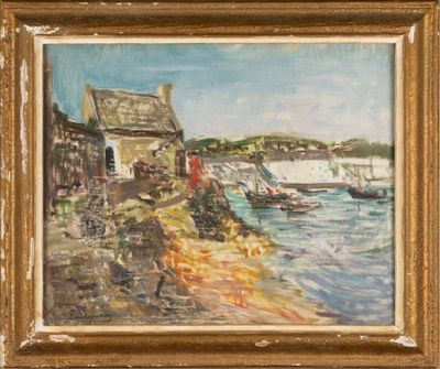 an oil painting of boats in the water near a building