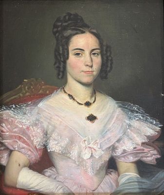 painting of a woman in a pink dress sitting on a red chair