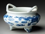 blue and white porcelain bowl with dragon handles