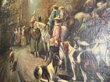 a painting of a group of people riding horses and dogs