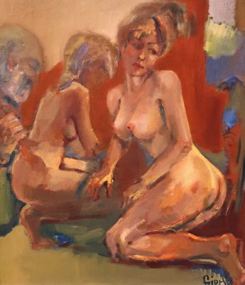 painting of two women sitting on a couch in a living room
