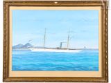 une peinture à l'huile représentant un bateau en mer, avec des montagnes en arrière-plan
