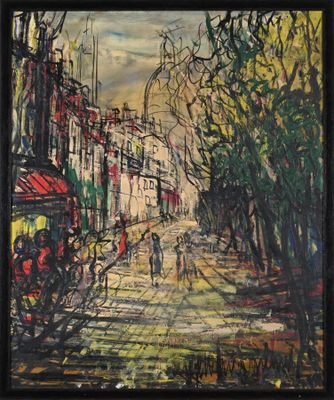 une peinture à l'huile représentant une scène de rue avec des personnes marchant dans la rue