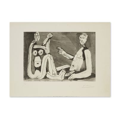 a black and white drawing of two people sitting on a couch