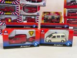 three red and white toy cars and a white van