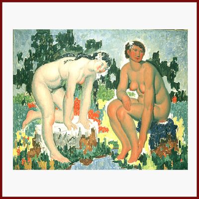 un tableau représentant deux nus et un chien dans un champ